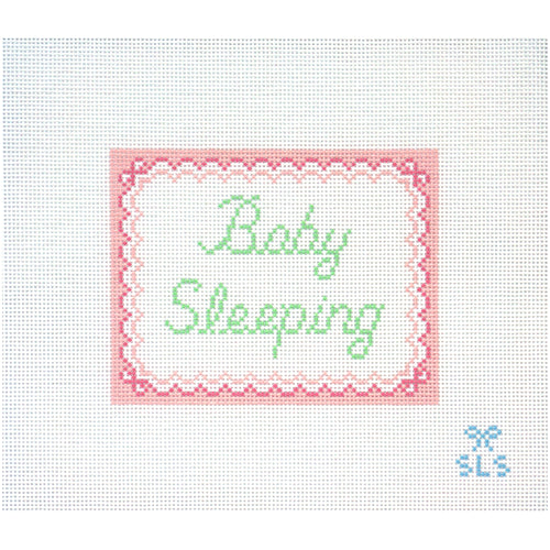 Needlepoint Canvas with 'Baby Sleeping' text on a white background and pink scalloped edges.