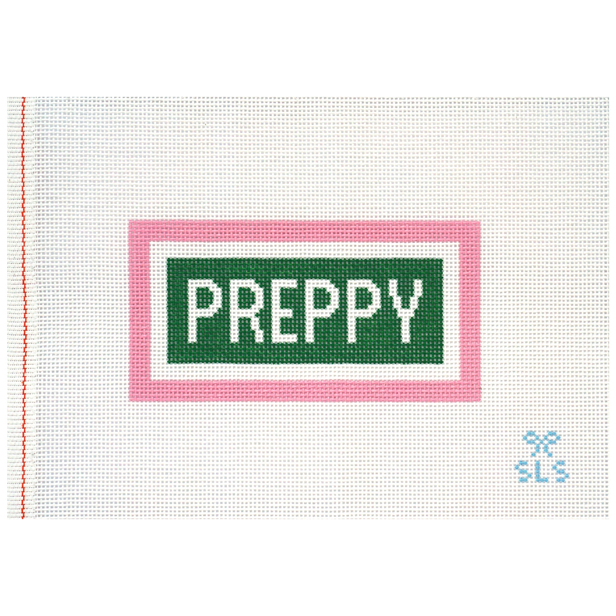 Needlepoint canvas with the word 'preppy' with a green background and pink border sold by the proper stitch