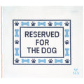 Needlepoint Canvas with 'Reserved for the Dog' text and blue bone and paw print patterns.