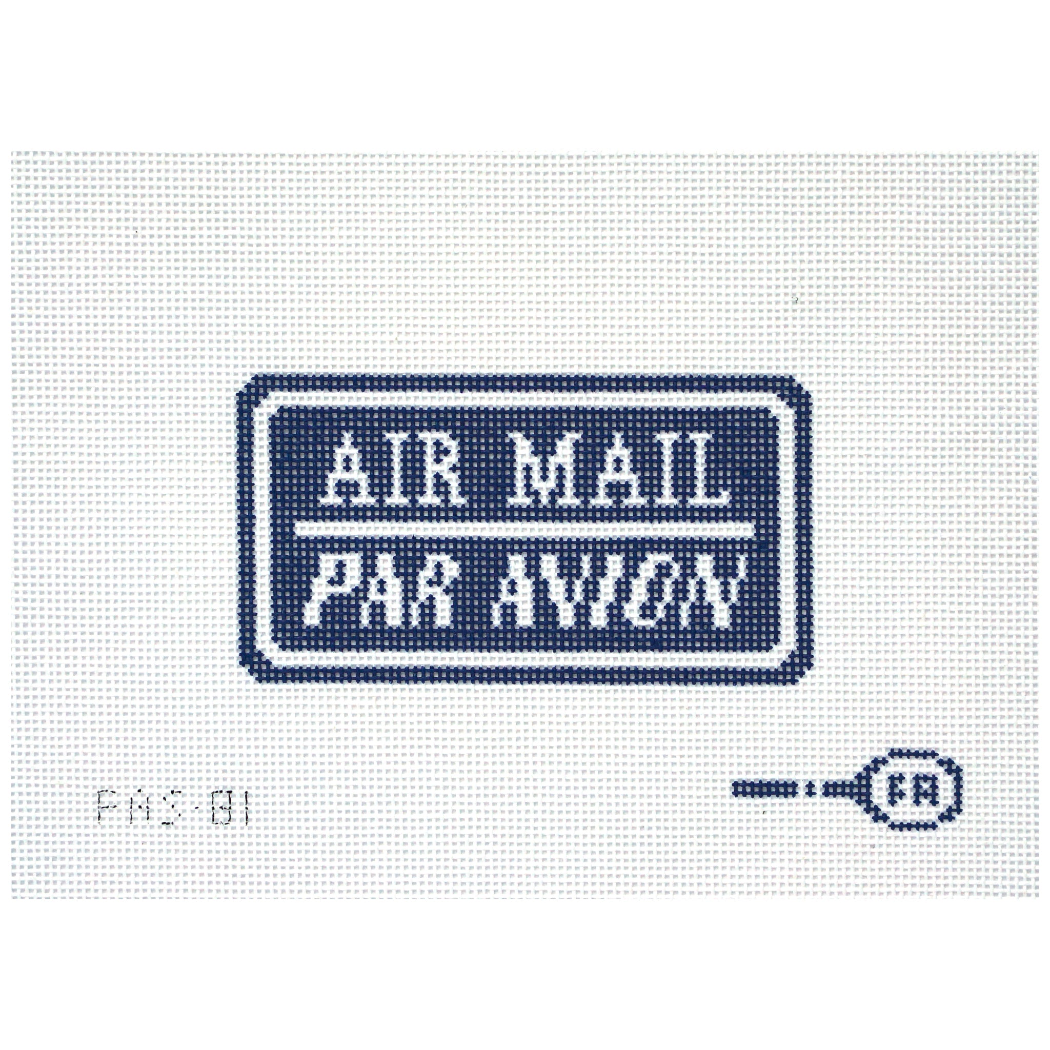Needlepoint canvas design of an 'Air Mail Par Avion' label on a white background.