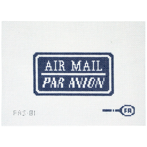 Needlepoint canvas design of an 'Air Mail Par Avion' label on a white background.