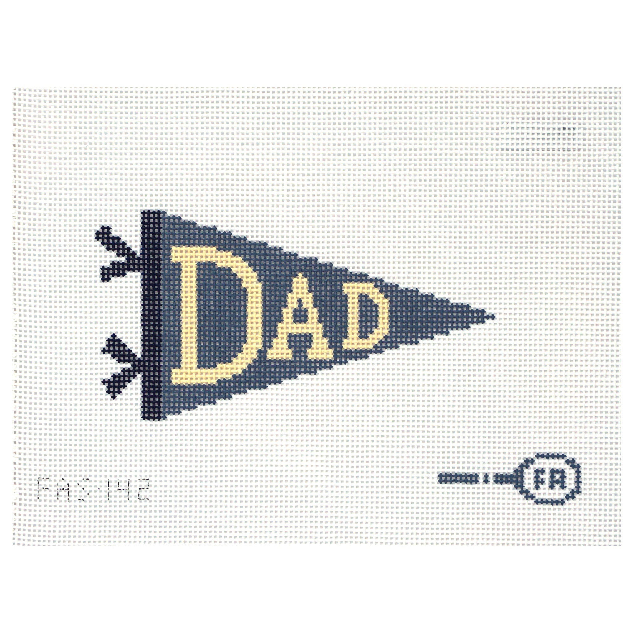 Needlepoint canvas of a blue and white pennant with 'DAD' text on a white background.