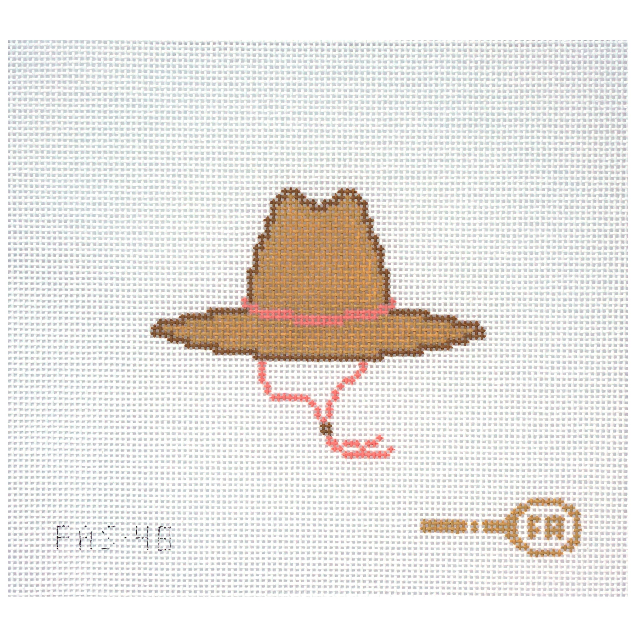 Needlepoint canvas design of a beach hat with a pink band and a belt on a white background.