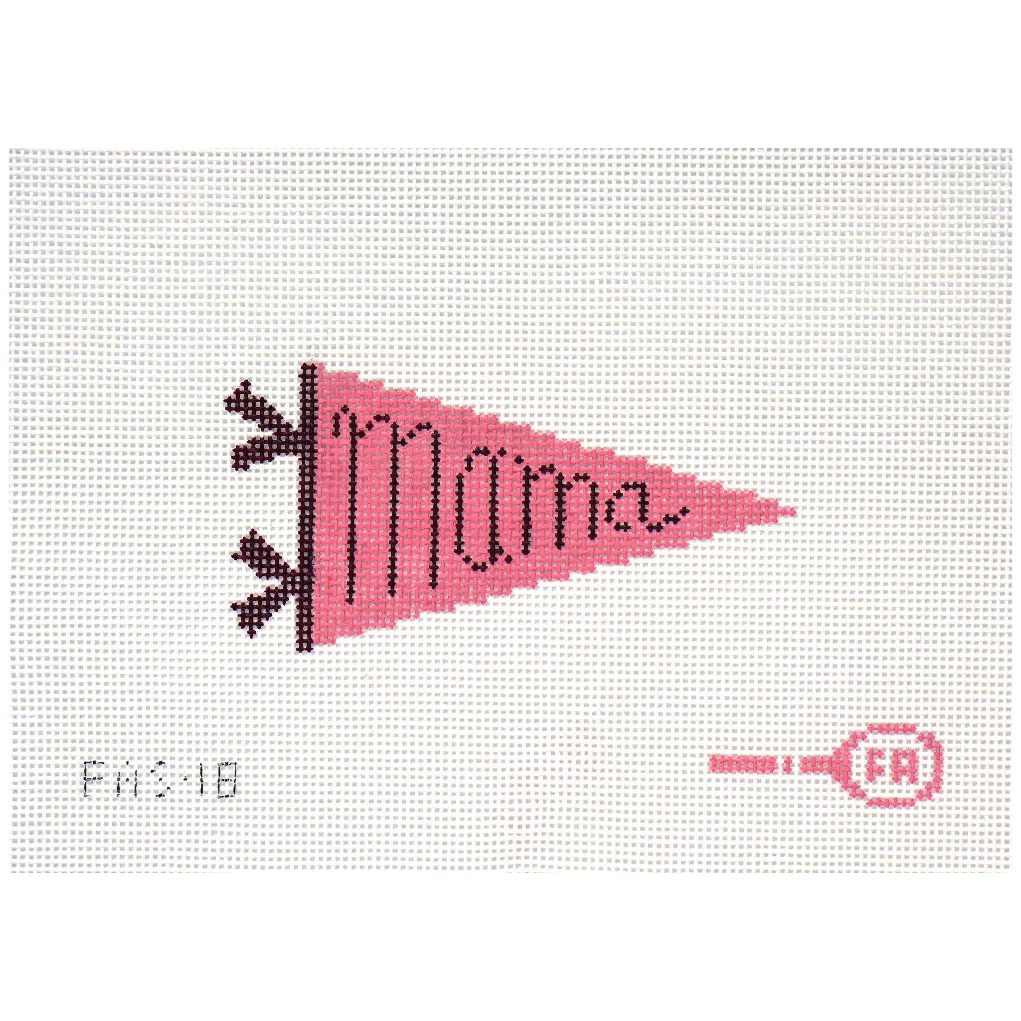Needlepoint canvas design of a pink pennant with 'Mama' text on a white background