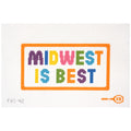 Needlepoint canvas of Colorful text 'Midwest is Best' on a white background with an orange border.