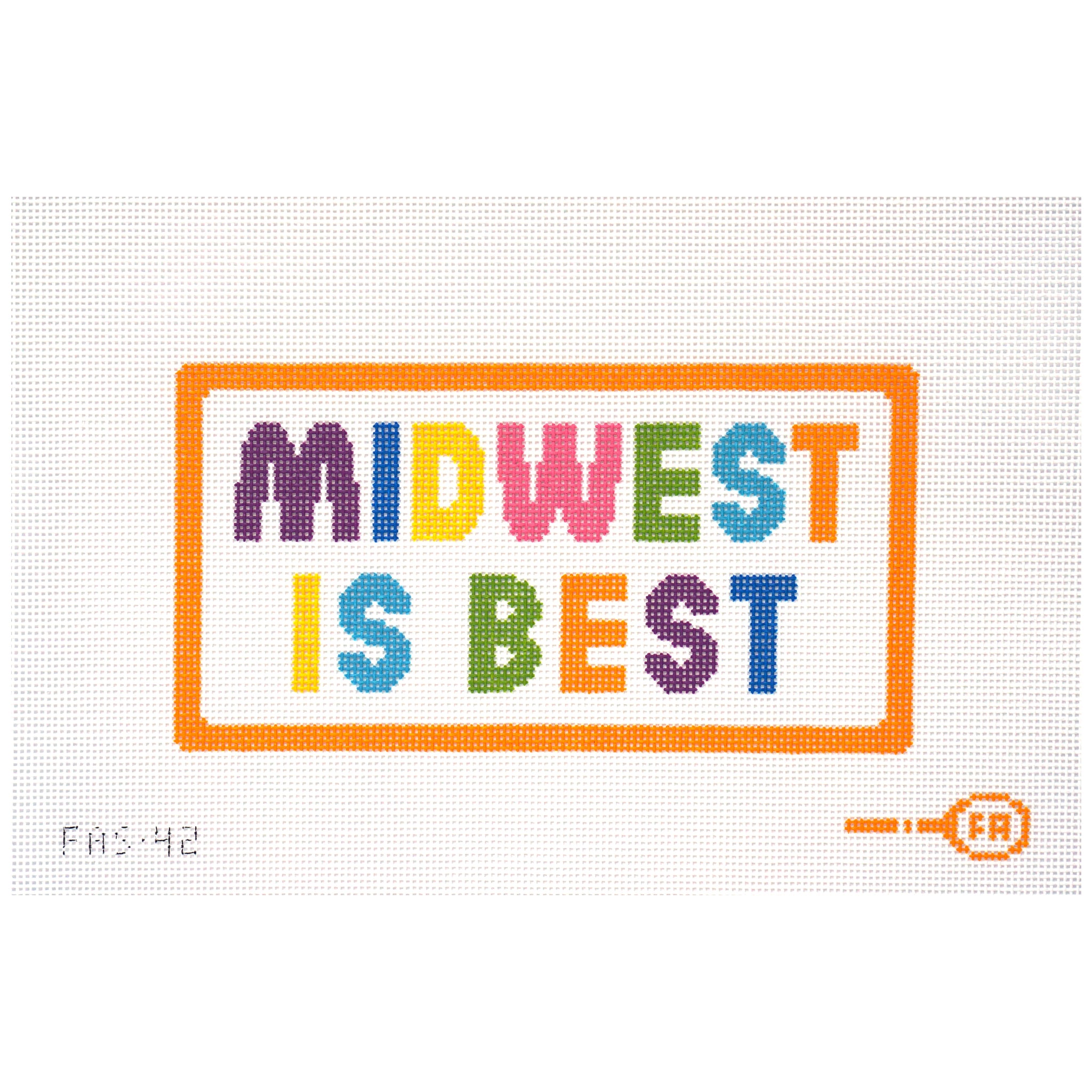 Needlepoint canvas of Colorful text 'Midwest is Best' on a white background with an orange border.