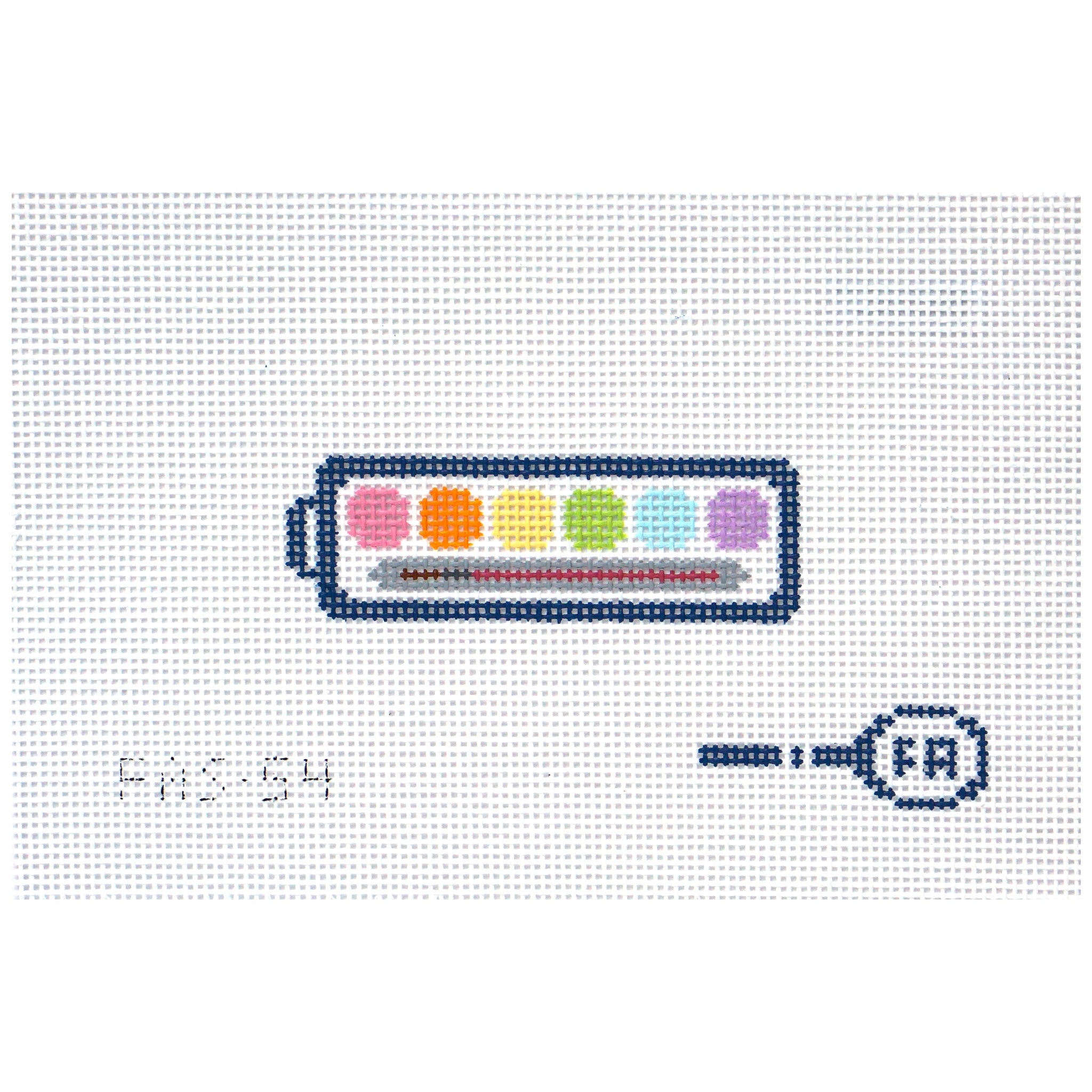 Needlepoint canvas of a colorful paint palette with a brush on a white background