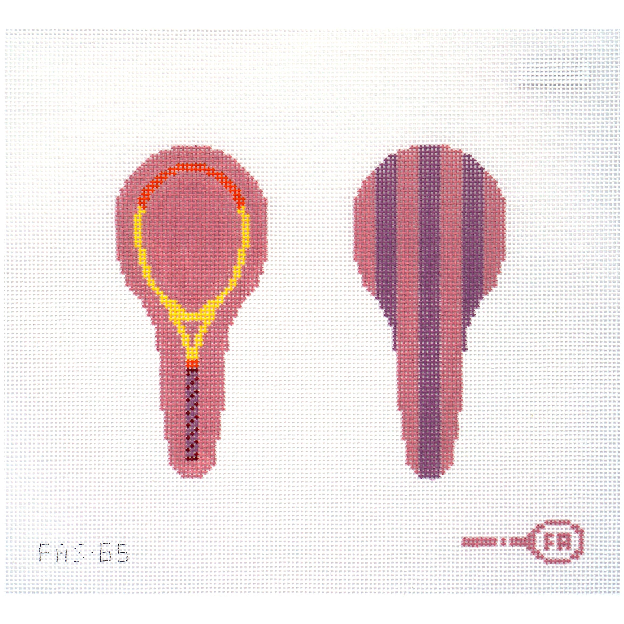 Needlepoint canvas of a tennis racket and paddle on a white background