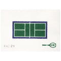 Needlepoint canvas pickleball court design on a white background with a brand logo.
