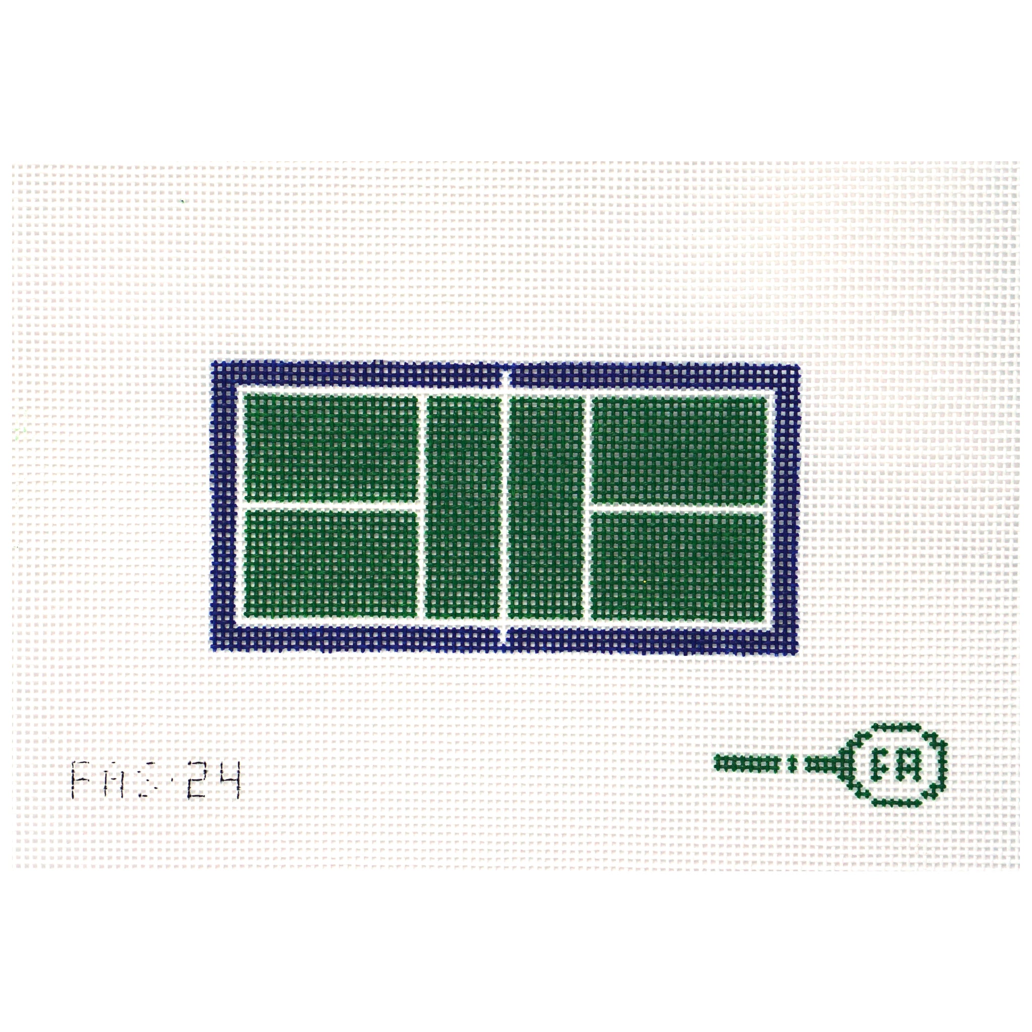 Needlepoint canvas pickleball court design on a white background with a brand logo.