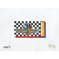 needlepoint canvas of the indianapolis motor speedway logo on a matchbox design.
