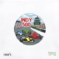 Needlepoint canvas design of the indianapolis motor speedway race track with Indy 500 race cars and the pagoda in the background.
