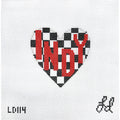 Needlepoint design in the shape of a heart with a checkered background and the word "INDY" in the center. Checkered flag for the Indy 500.