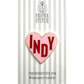 A needle minder design of a pink heart with the word "INDY" in the center to represent Indianapolis.