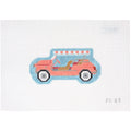 Needlepoint canvas design of a pink vintage car with a blue border on a white background.