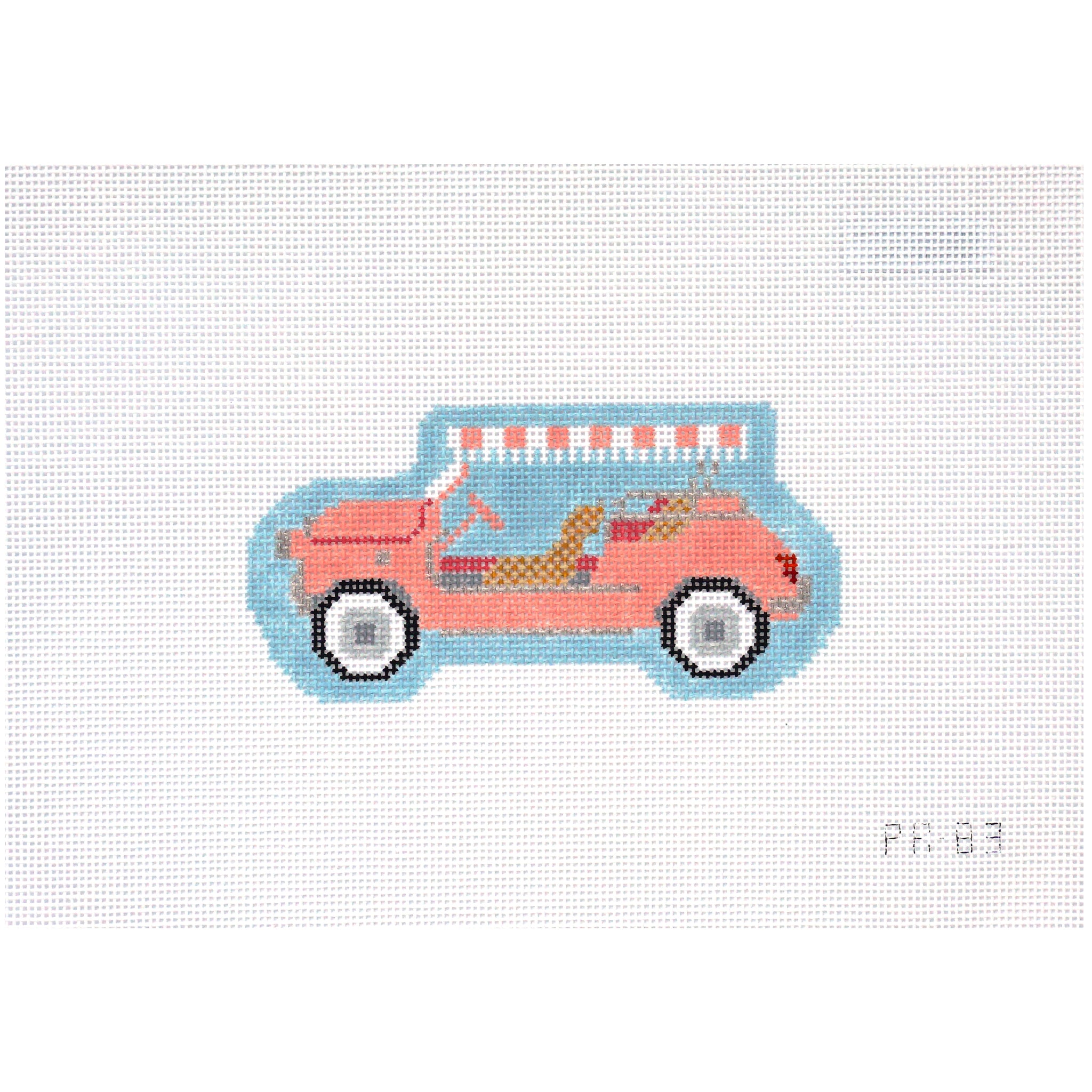 Needlepoint canvas design of a pink vintage car with a blue border on a white background.