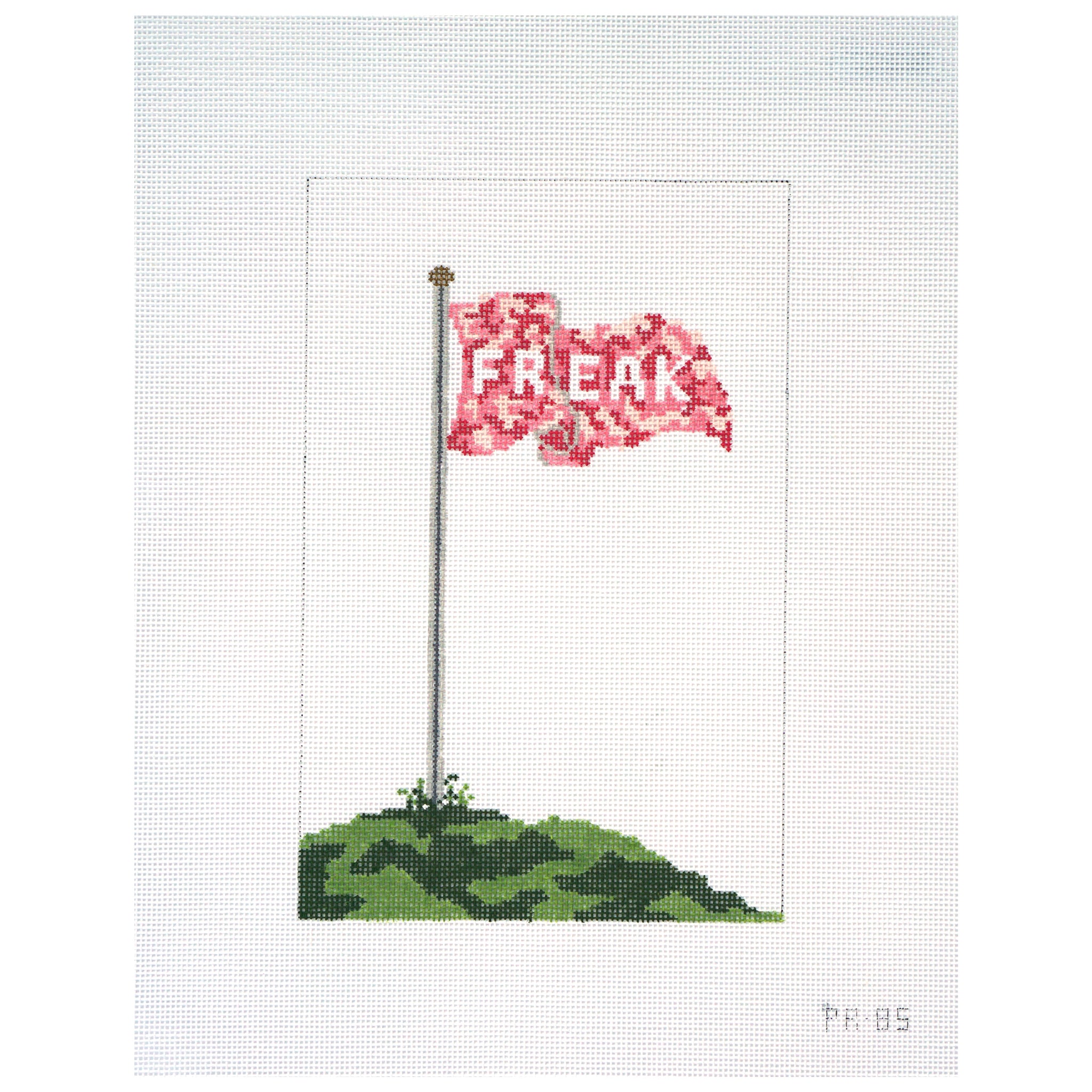 Needlepoint canvas design of a flag with the word 'Freak' on a white background