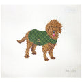 Needlepoint Canvas of a dog wearing a green sweater on a white background