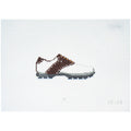 Needlepoint canvas of a white golf shoe with brown accents on a light gray background