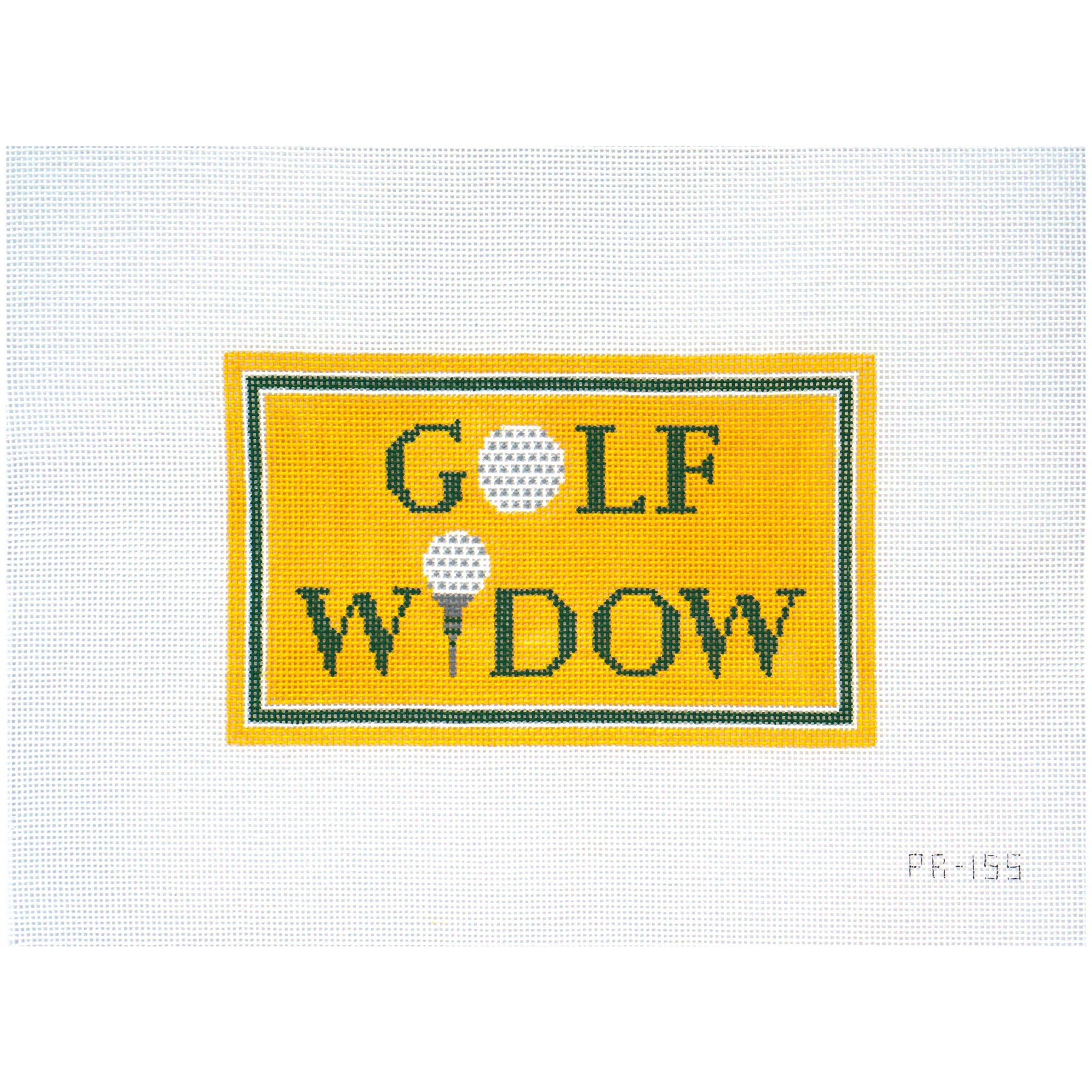 Needlepoint canvas with 'golf widow' on yellow background