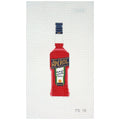 Needlepoint canvas of a bottle of alcohol with a colorful label on a white background