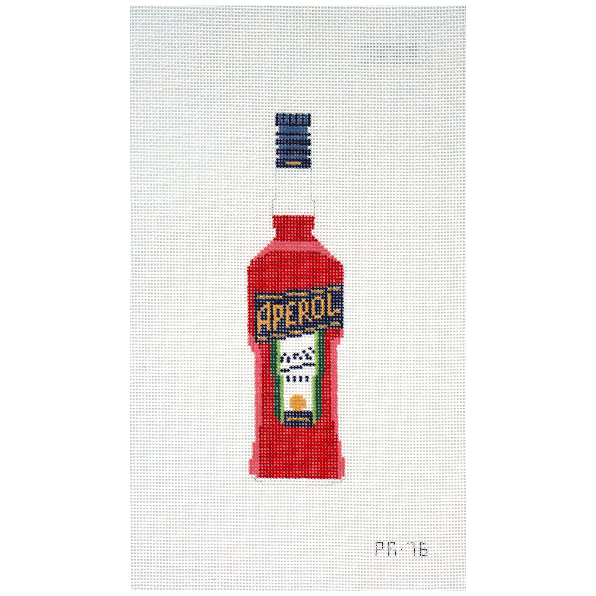 Needlepoint canvas of a bottle of alcohol with a colorful label on a white background