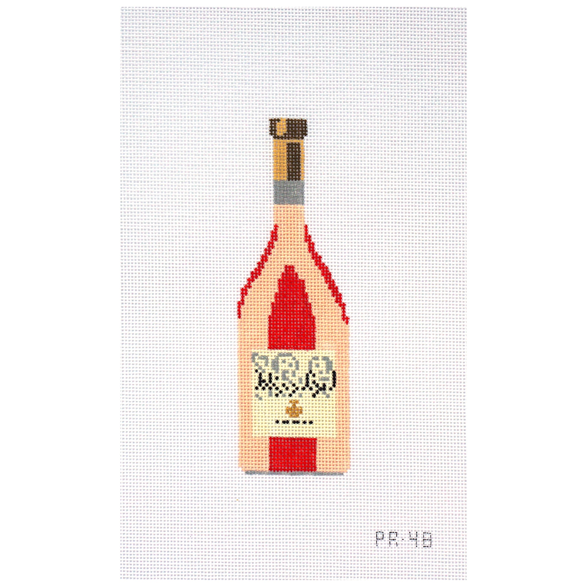 Needlepoint canvas design of a wine bottle with a red label on a white background
