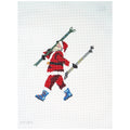 Needlepoint canvas of a santa skier in a red outfit with skis and poles on a white background.