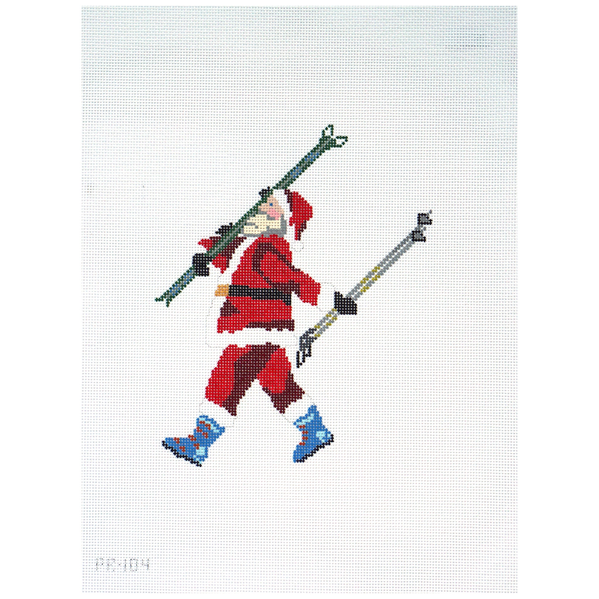 Needlepoint canvas of a santa skier in a red outfit with skis and poles on a white background.