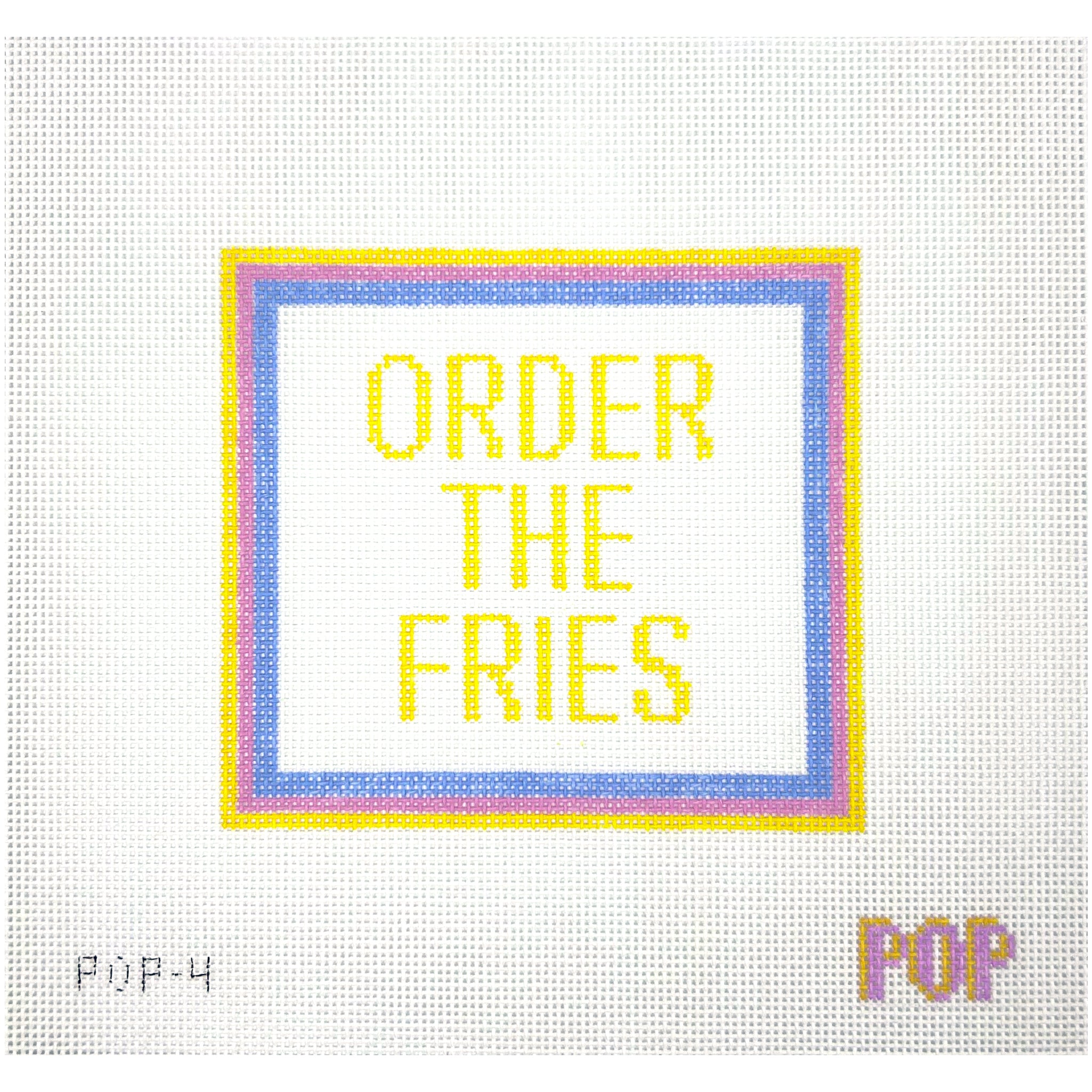 Needlepoint Canvas with 'ORDER THE FRIES' text on a white background