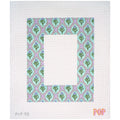 Decorative needlepoint canvas frame with a floral pattern on a white background
