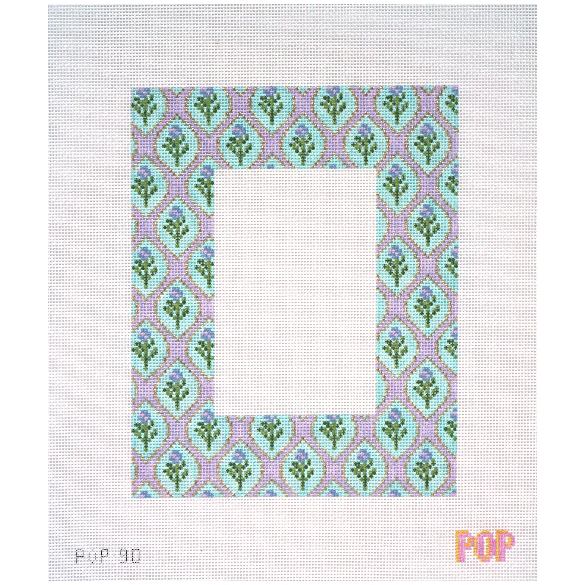 Decorative needlepoint canvas frame with a floral pattern on a white background