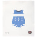 Needlepoint canvas design of a blue baby outfit with anchor patterns on a white background
