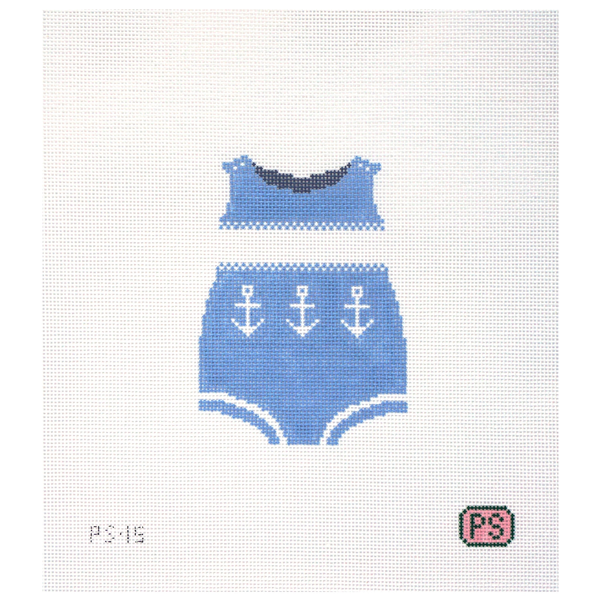 Needlepoint canvas design of a blue baby outfit with anchor patterns on a white background