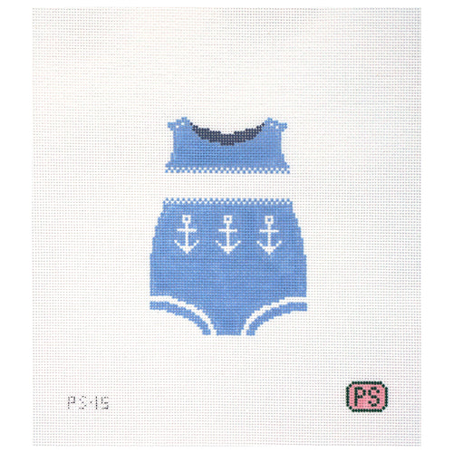 Needlepoint canvas design of a blue baby outfit with anchor patterns on a white background