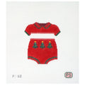 Needlepoint canvas of a red baby outfit with green trim and Christmas tree design on a white background.
