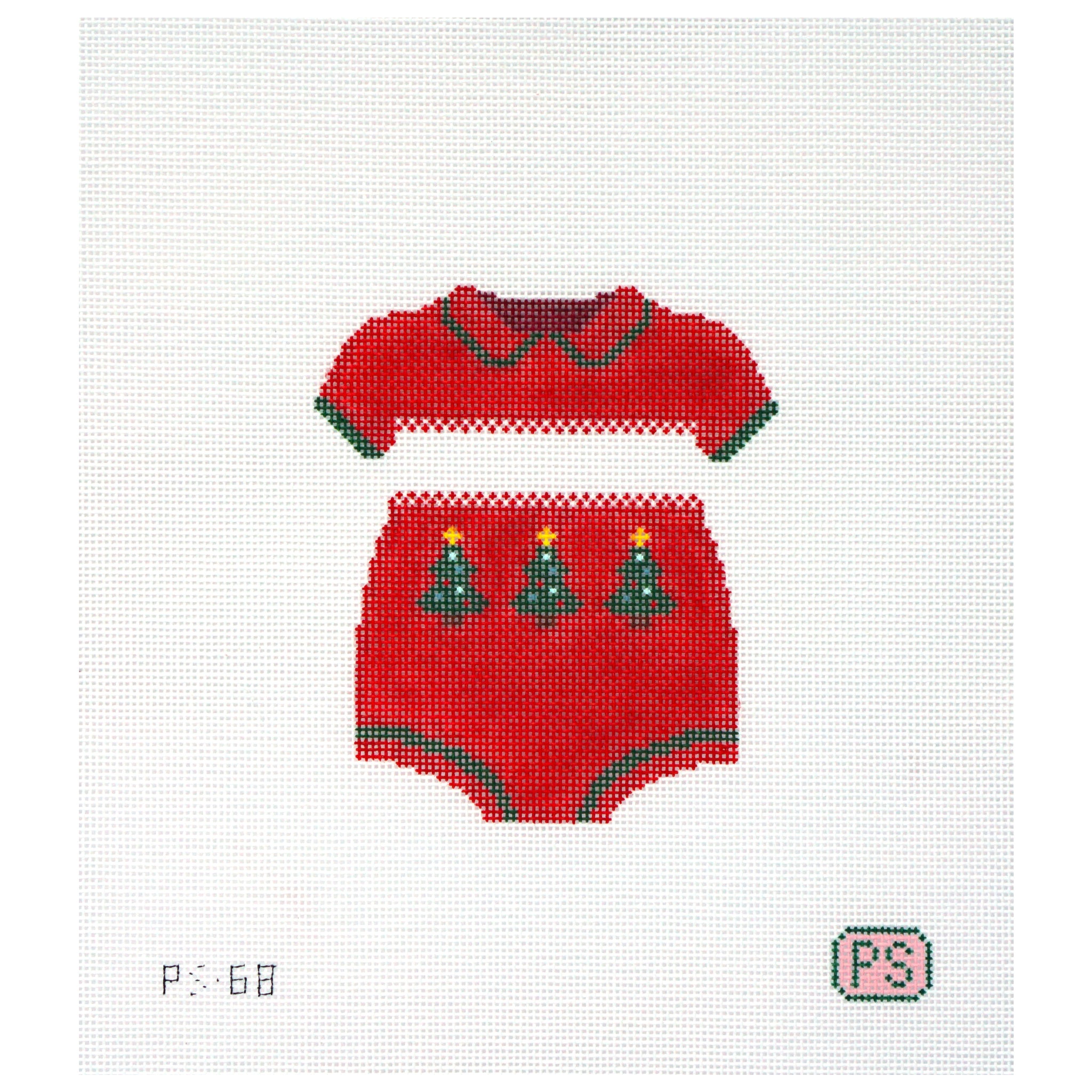 Needlepoint canvas of a red baby outfit with green trim and Christmas tree design on a white background.