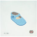 Needlepoint canvas of Blue baby bootie with gray and white accents on a white background