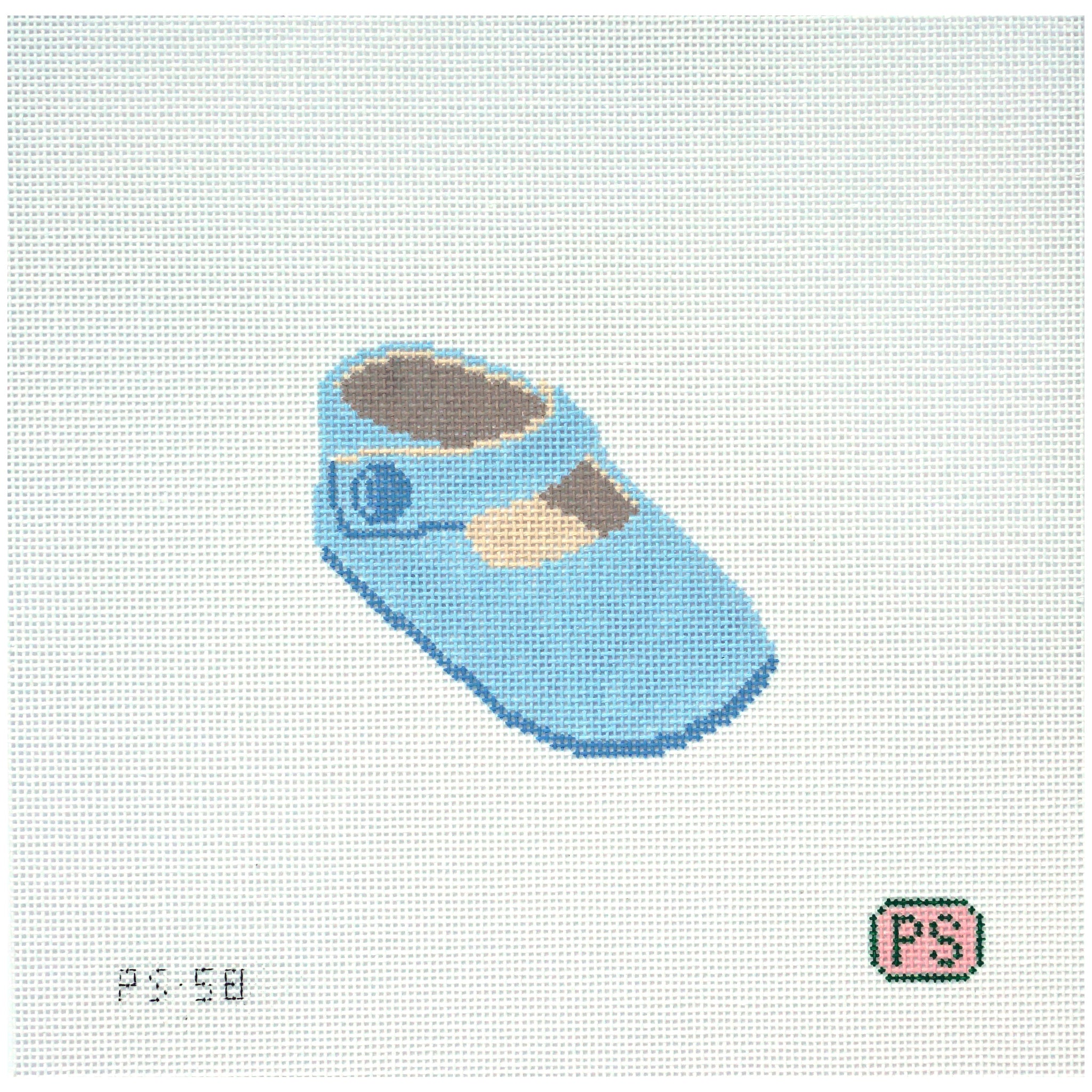 Needlepoint canvas of Blue baby bootie with gray and white accents on a white background