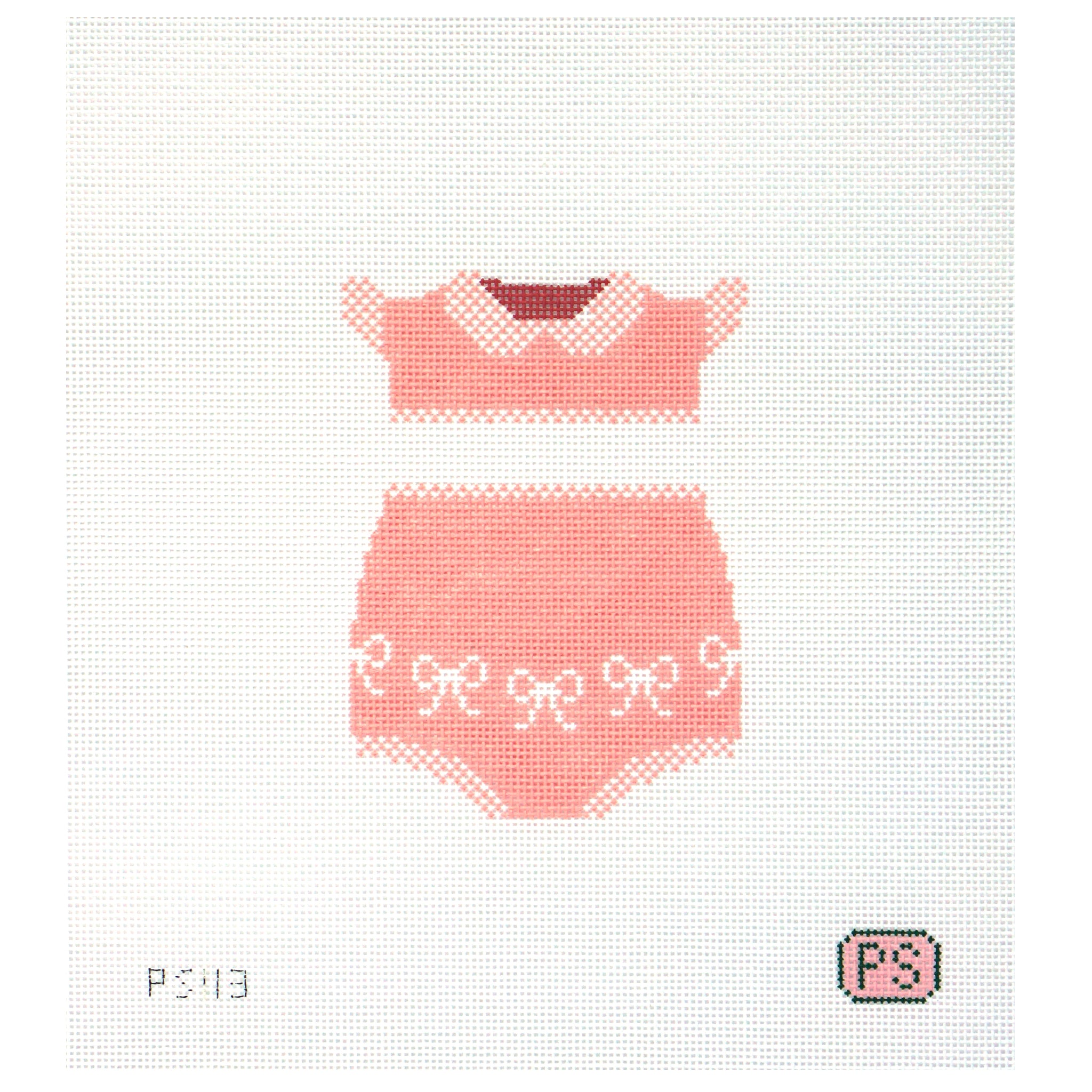 Needlepoint canvas of a pink baby outfit on a white background