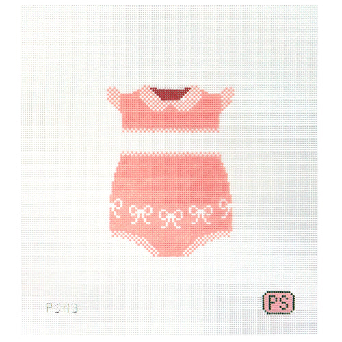 Needlepoint canvas of a pink baby outfit on a white background