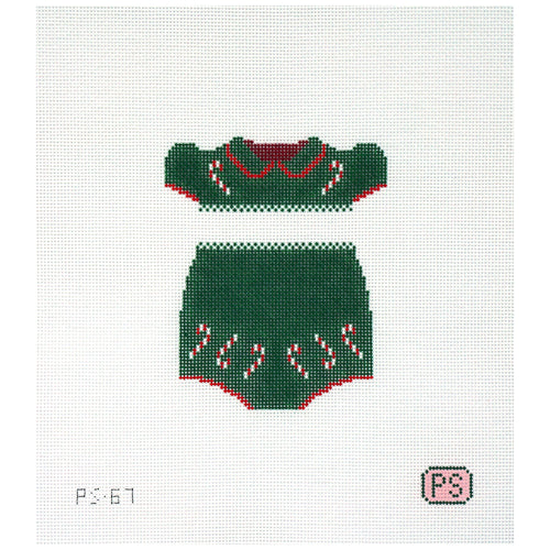 Needlepoint canvas of a green sweater with red trim on a white background