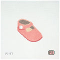 Needlepoint canvas pink baby crib shoe on a white background