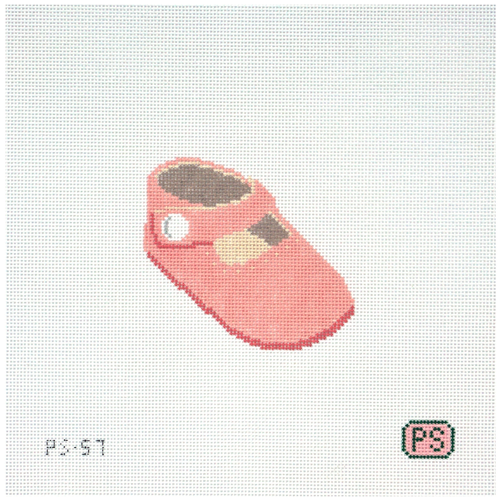 Needlepoint canvas pink baby crib shoe on a white background