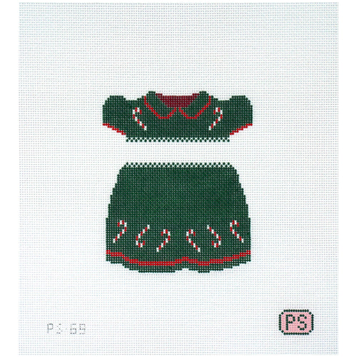 Needlepoint canvas of a green dress with candy cane details on a white background