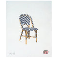 Needlepoint canvas of chair with a blue and white pattern on a white background