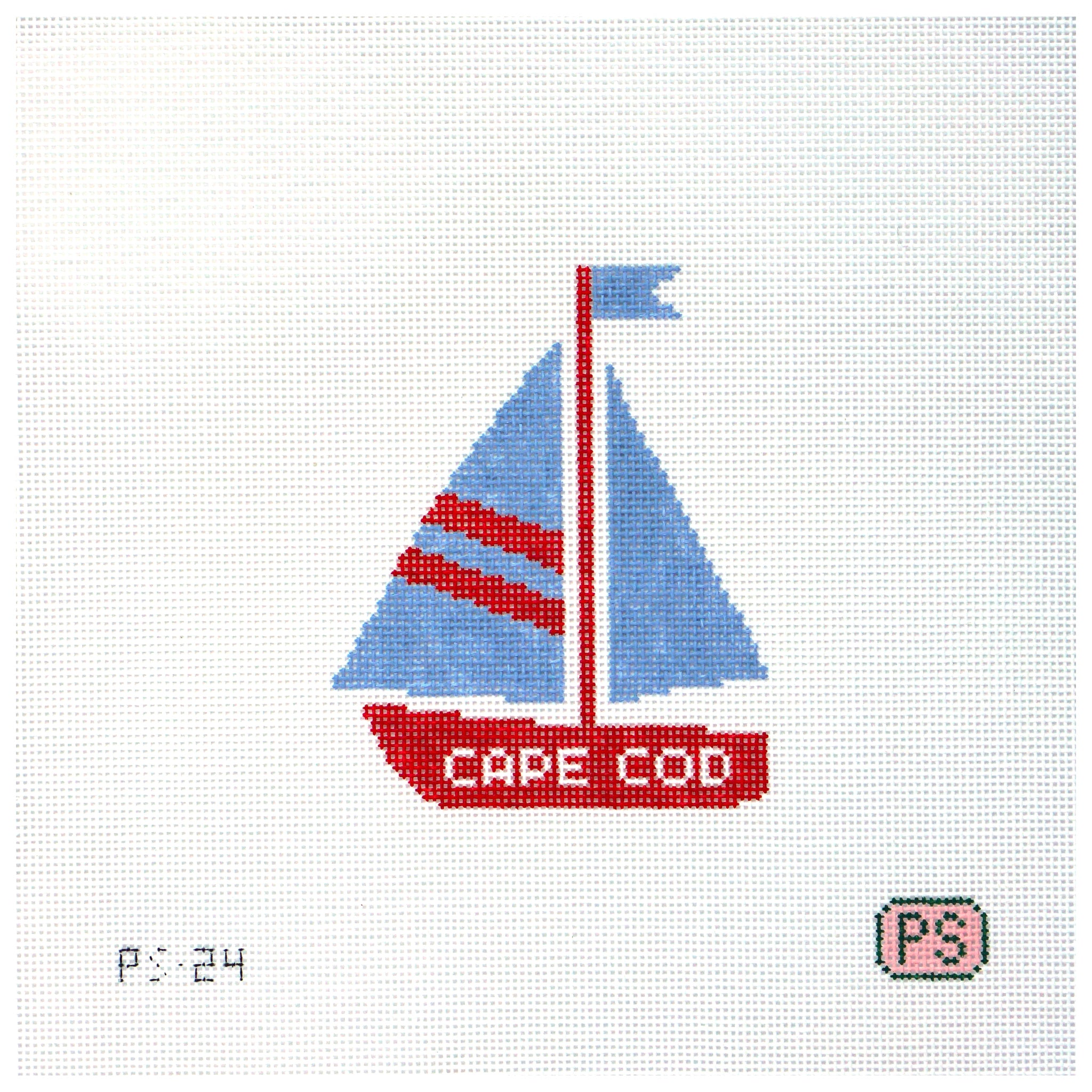 Needlepoint canvas Sailboat design with 'Cape Cod' text on a white background