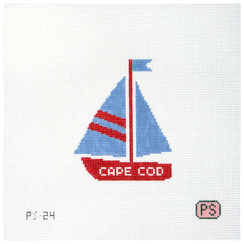 Needlepoint canvas Sailboat design with 'Cape Cod' text on a white background