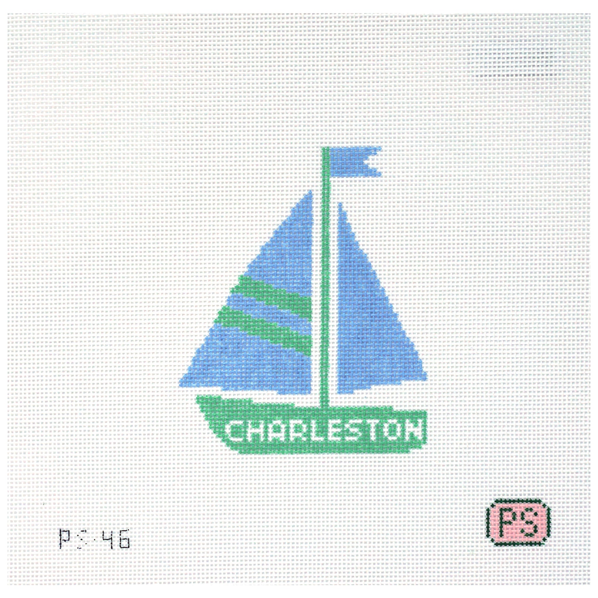 Needlepoint canvas Sailboat design with 'Charleston' text on a white background