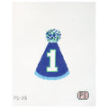 Needlepoint canvas of a Blue party hat with number '1' and confetti on a white background